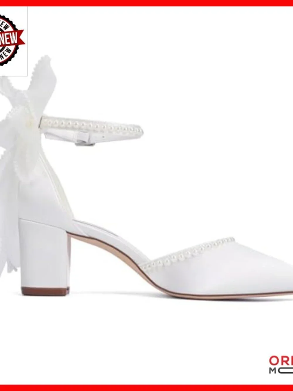 White Satin Block Heel Wedding Pumps with Pearl Ankle Strap and Bow
